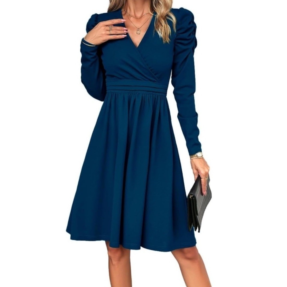 Elegant A-Line Dress Women Large Blue Like New V-Neck Puff Sleeve Party C1005